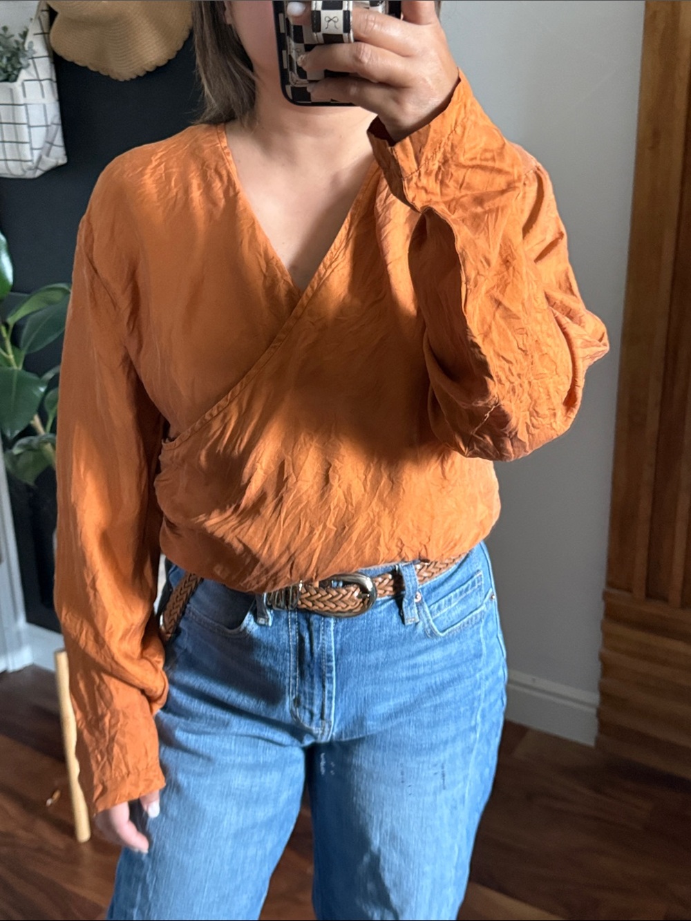 Kiko 100% Silk Faux Wrap Gather Hem Rust Blouse. OS